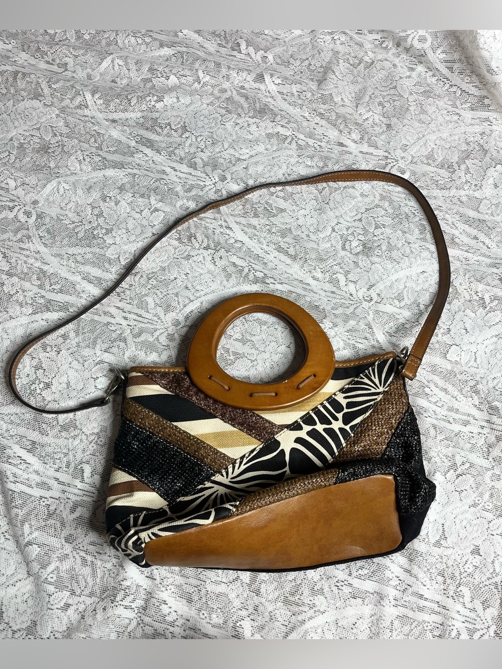 RELIC Canvas Patchwork Satchel Handbag with Wood Handles - Picture 5 of 10